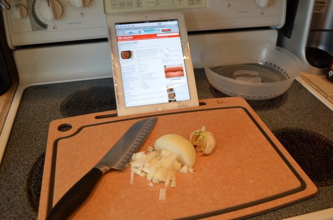 The Chef Sleeve Cutting Board with iPad Stand with an iPad Protective Sleeve is an easy, functional way to use your iPad as your cookbook. Photo: Patricia Vollmer.