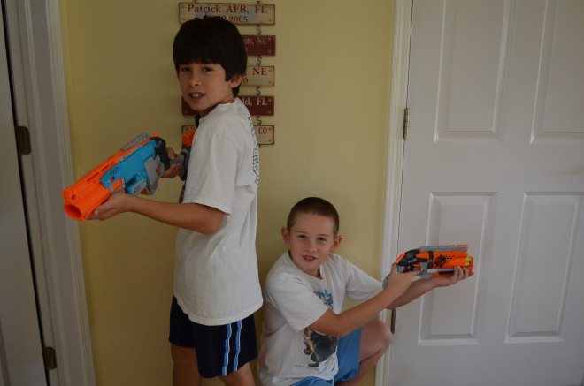 My boys striking a pose with their Nerf Zombie Strike blasters. Photo: Patricia Vollmer.