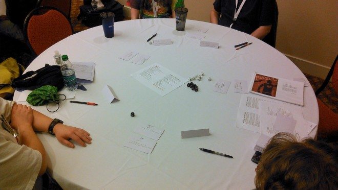 A group of RPG players gathered to play the New Station scenario of Fiasco at GameStorm.
