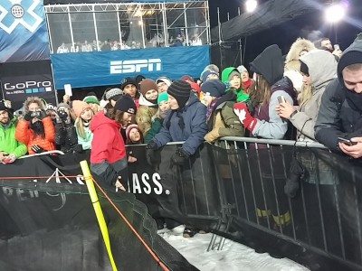 Snowboarder Louie Vito, hangs out with the crowd after his run. Photo: Judy Berna