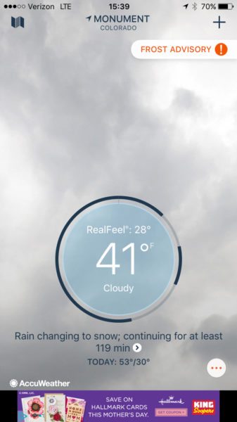 The opening screen on the free AccuWeather app will display your location's current conditions. Screen capture: Patricia Vollmer
