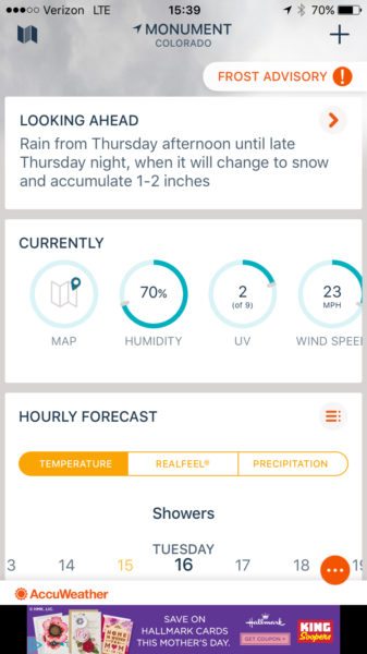 Swiping up (starting your finger at the center of the screen) will take you to a 96-hour forecast, along with some other near-term forecast information. Screen capture: Patricia Vollmer