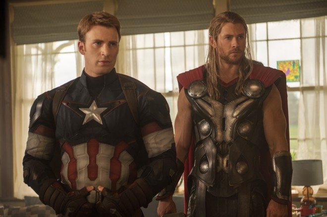 Captain America (Chris Evans) and Thor (Chris Hemsworth) return with the rest of the original Avengers cast for Avengers: Age of Ultron. Photo by Jay Maidment, Marvel 2015