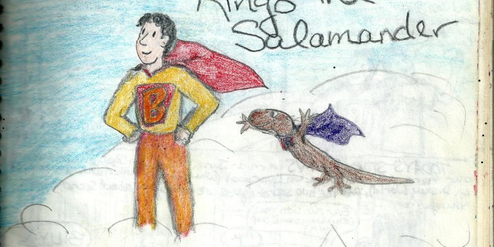 The superhero my best friend and I created when I was 17, and his salamander sidekick. Image by Amy Matviya, 1995!