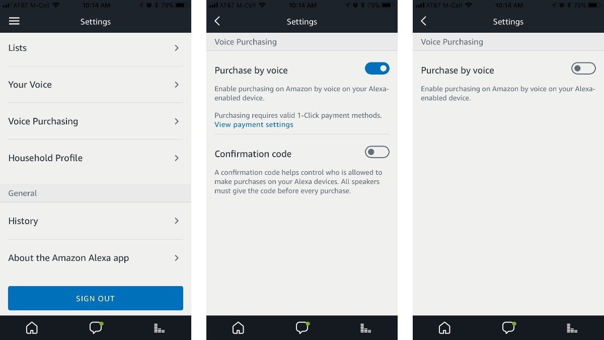 screenshots of Alexa App Voice Purchasing settings