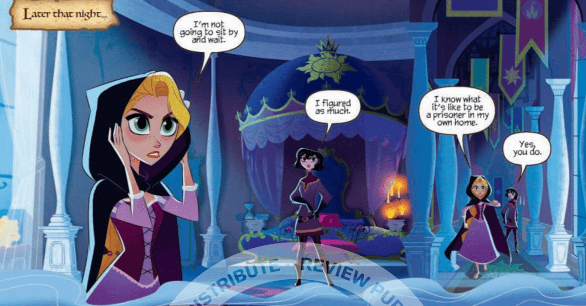 Rapunzel and Cassandra speak as Rapunzel dresses