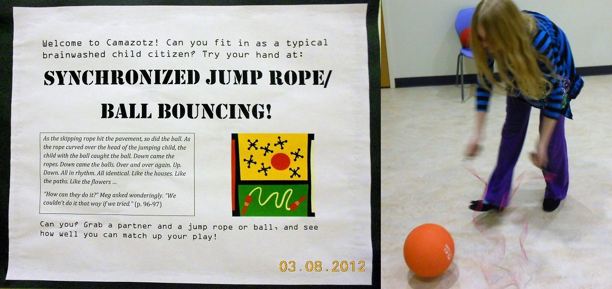 Description of the Synchronized Jump Rope/Ball Bouncing Challenge; young teen girl leaning over with jump rope and kickball