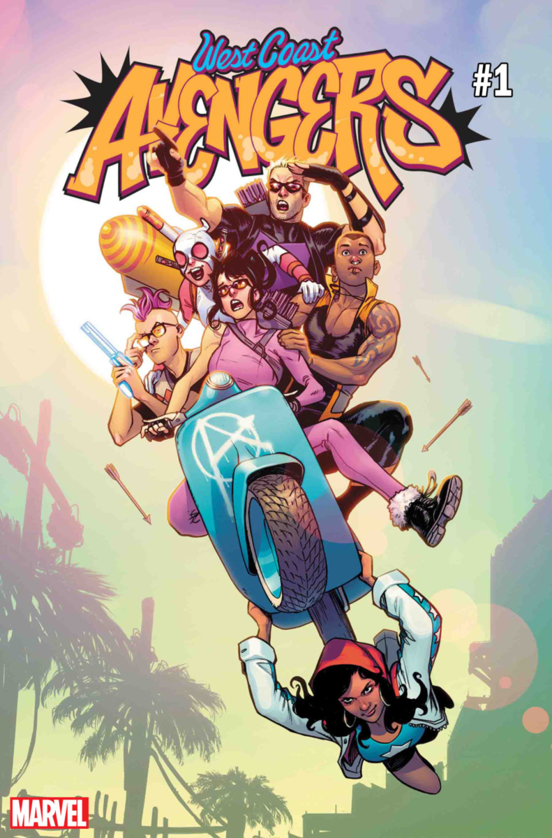 Several figures piled onto a blue motorcycle. The title reads West Coast Avengers