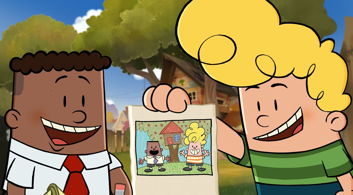 Still from 'The Epic Tales of Captain Underpants' showing George and Harold holding up a drawing of George and Harold