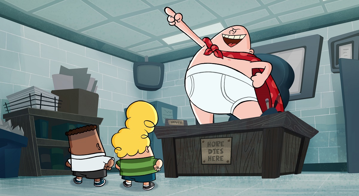 George and Harold meet Captain Underpants in a traditional animation still.