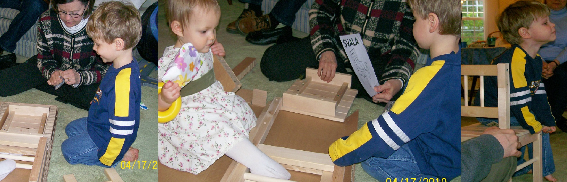 Series of three pictures of a 3yo assembling a wooden chair with the help of his grandmother, watched by a twelve-month-old wearing a yellow stacking ring on her wrist.