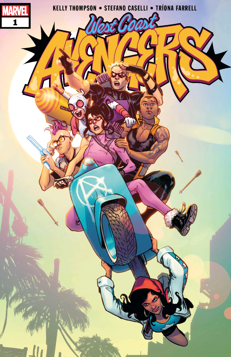 Several characters being flown on a motorcycle by America Chavez