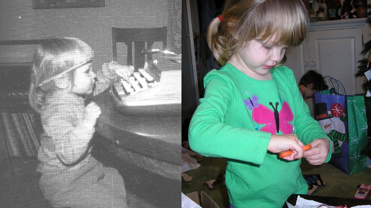 side by side pictures of near-identical two year old girls, one on the left in black and white: the one on the right's mother