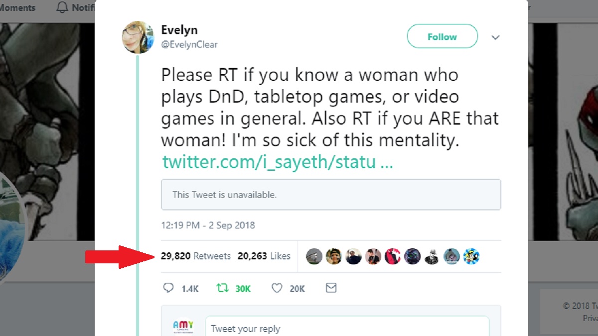 Tweet from @evelynclear asking women who are gamers to retweet. At the time of this screencap, there were 29.820 retweets