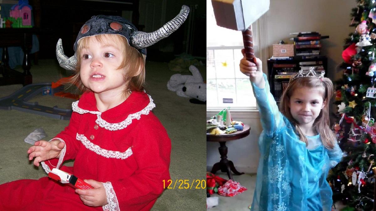 Left: toddler in a Viking Helmet. Right: 7yo in a Queen Elsa dress, wielding Thor's hammer