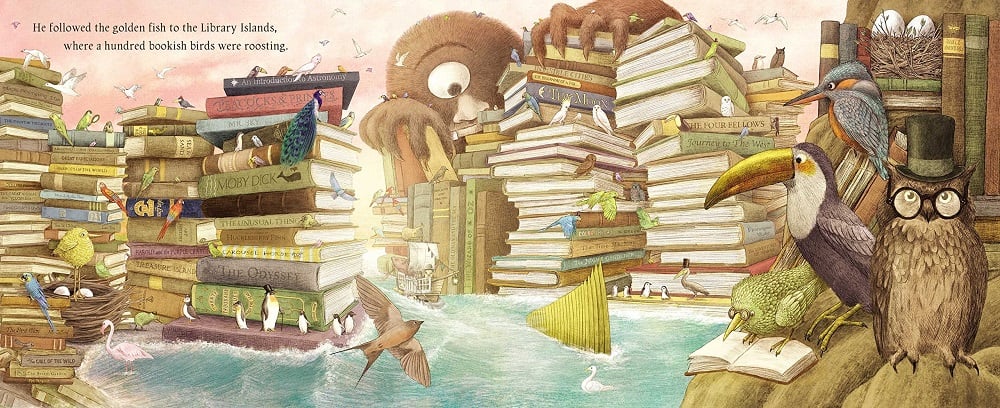 Fantastical beasts swarming around islands of books