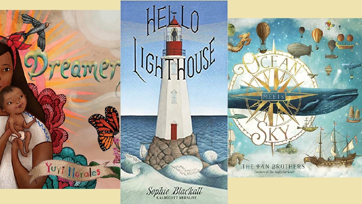 Book covers of Dreamers by Morales, Hello Lighthouse by Blackall, and Ocean Meets Sky by Fan