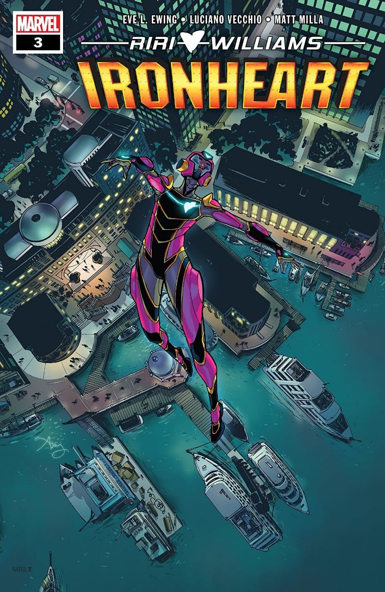 Riri Williams in her Ironheart suit flies over the city
