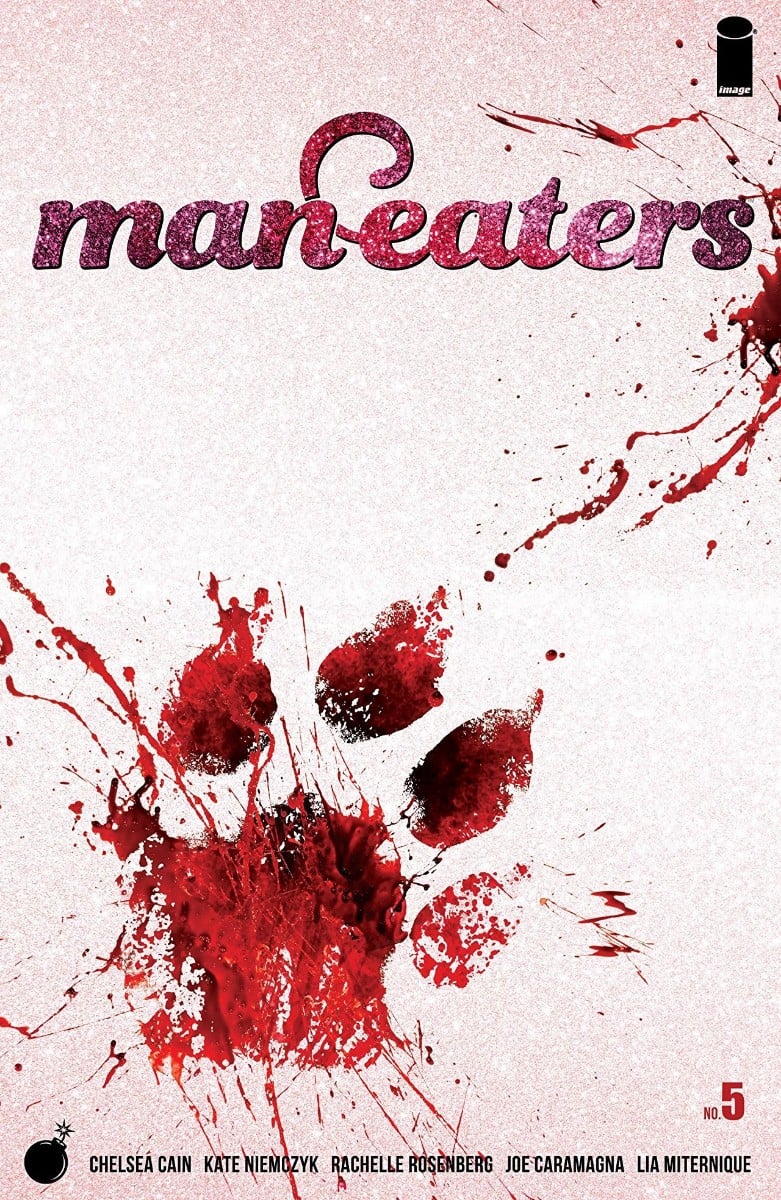 a pink cover with a bright red paw print and the words "man-eaters"