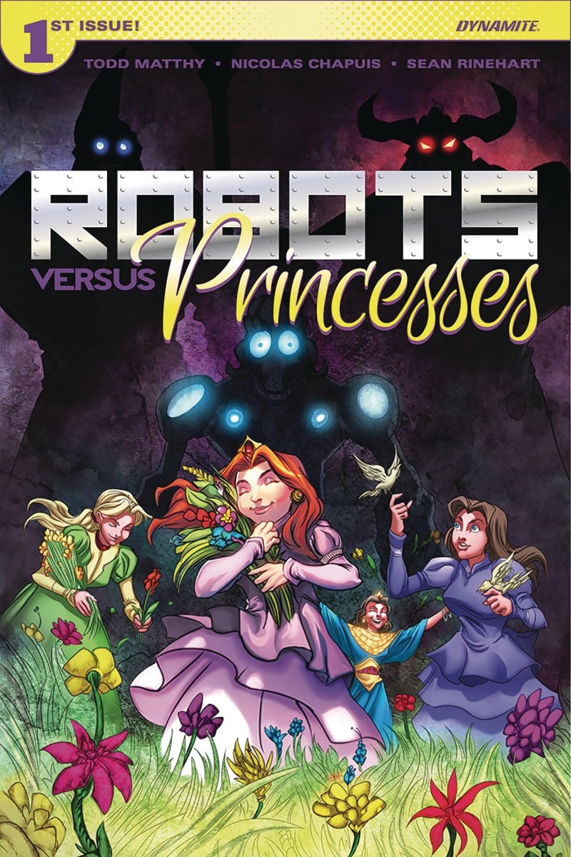 cover of comic Robots vs Princesses with dark, angular robotic figures behind fairy tale princesses