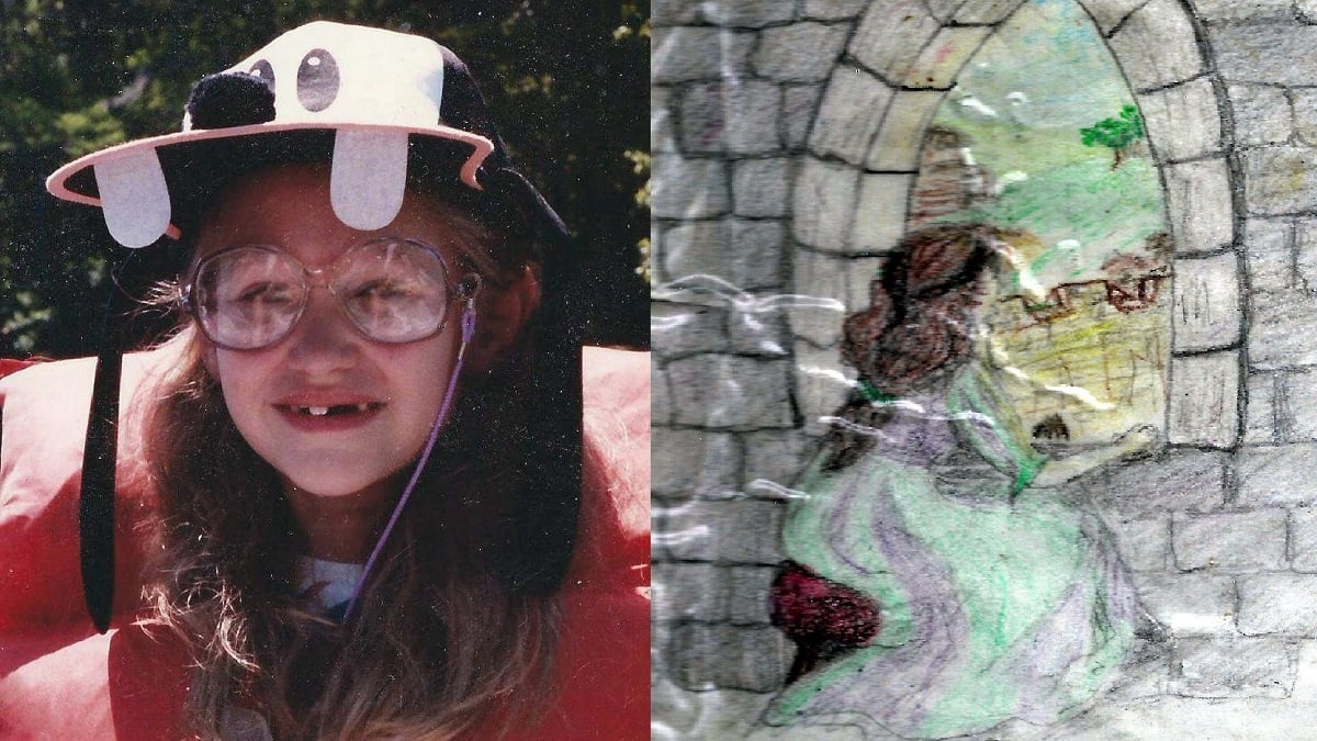 On left: bespectacled 9yo girl in a Goofy hat and life vest; on right: sketch of a fairy-tale princess gazing out a castle window