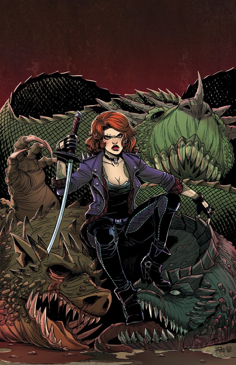 A redheaded girl in a black leather jacket resting against the remains of a scaly green monster