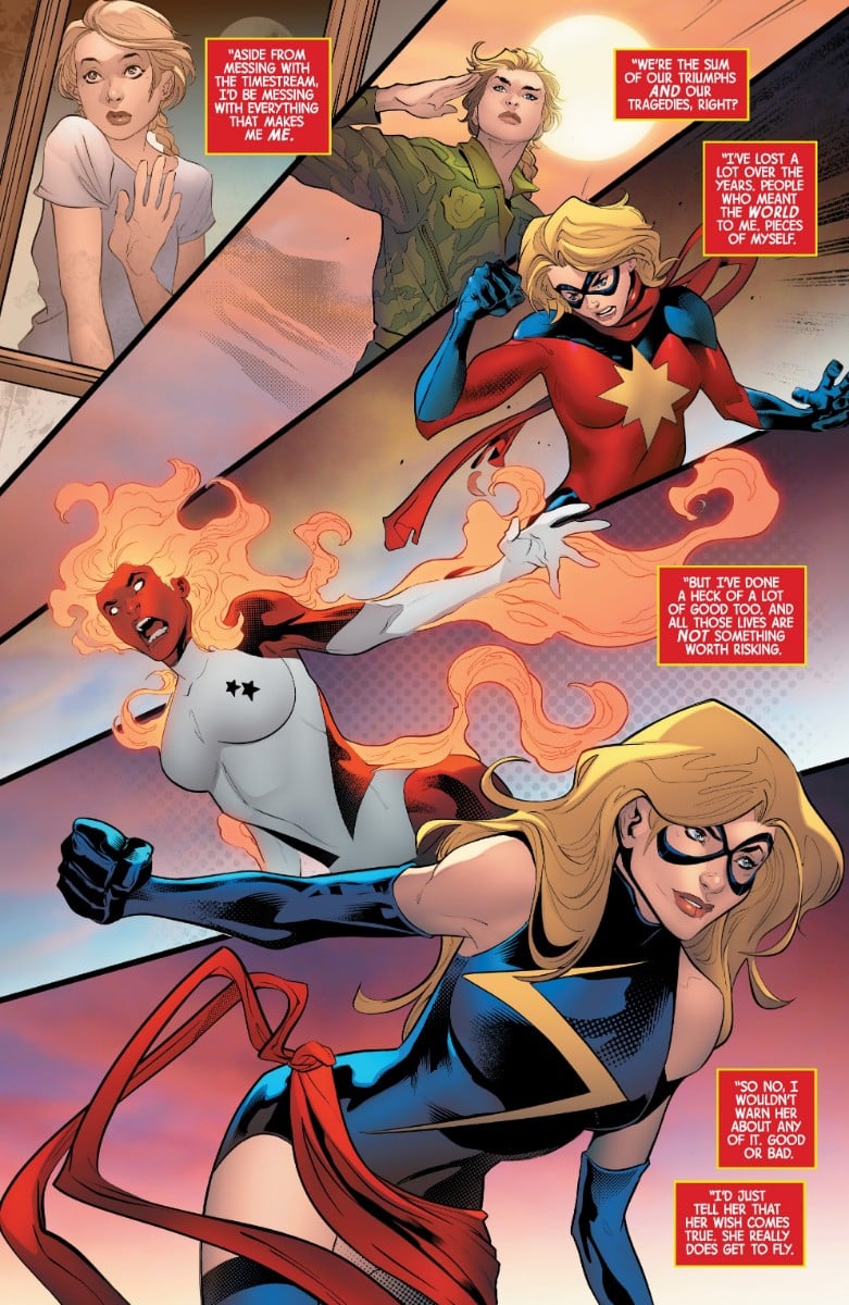 A series of Carol's costumes, from the original 1977 costume to the most iconic black with lightning bolt and sash Ms Marvel costume