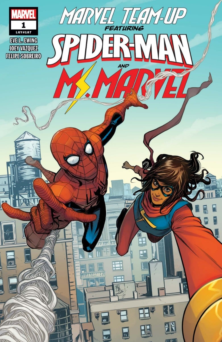 comic book corner image of spider-man and Ms. Marvel swinging towards the viewer