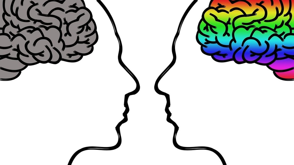 Two faces in profile, brains inside, one gray, one rainbow