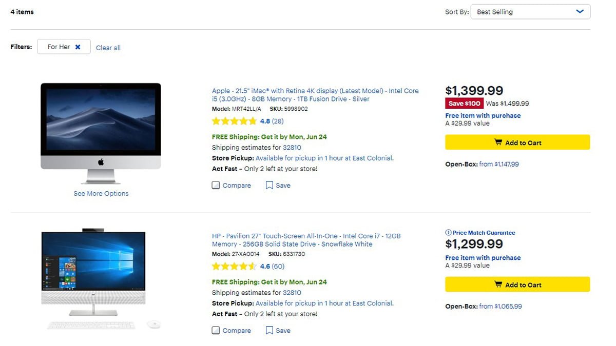 Options while filtering For Her. \ Image: Dakster Sullivan, screenshot from BestBuy.com