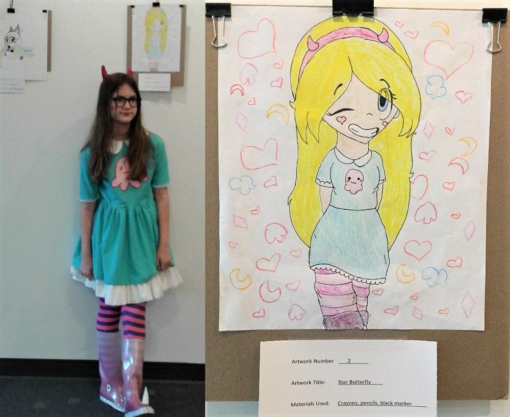 Girl dressed as the character Star Butterfly beside her drawing of the same, with a closeup of the drawing
