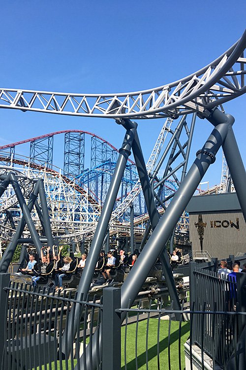 Thrill Rides at Blackpool Pleasure Beach, ICON in Foreground with the Big Dipper, Infusion, and the Big One Behind, Image: Sophie Brown