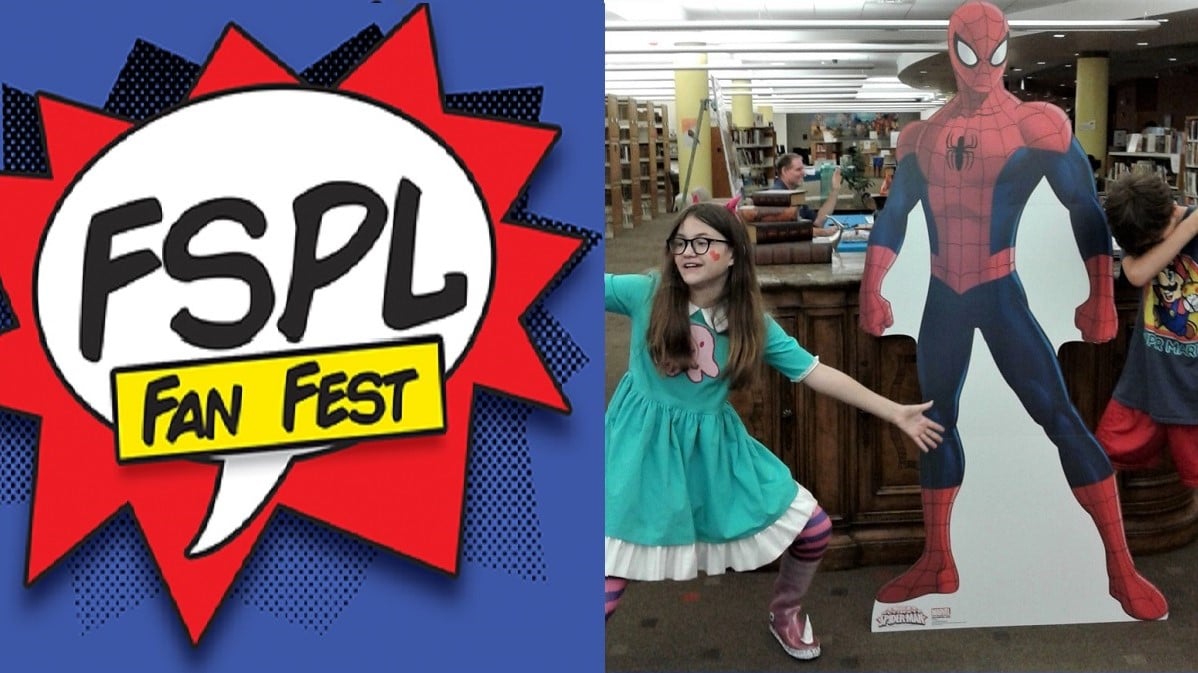 Comic style logo reads "FSPL Fan Fest"; two tweens pose dramatically by a life-sized cardboard cutout of Spider-Man