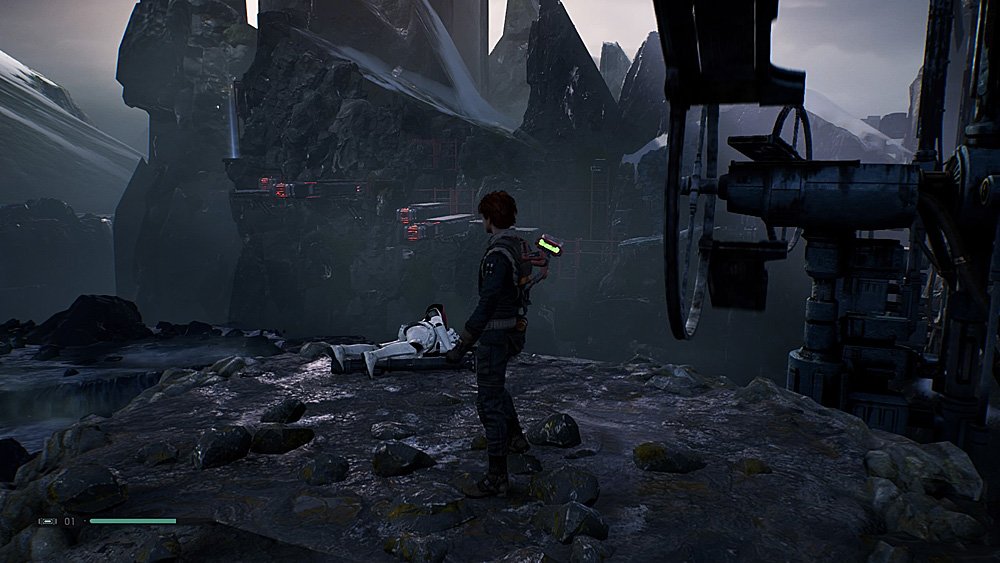 Cal and BD-1 Survey their Surroundings, a Blue Beam Indicating a Save Point can be seen on the Mountainside opposite, Screenshot: Sophie Brown