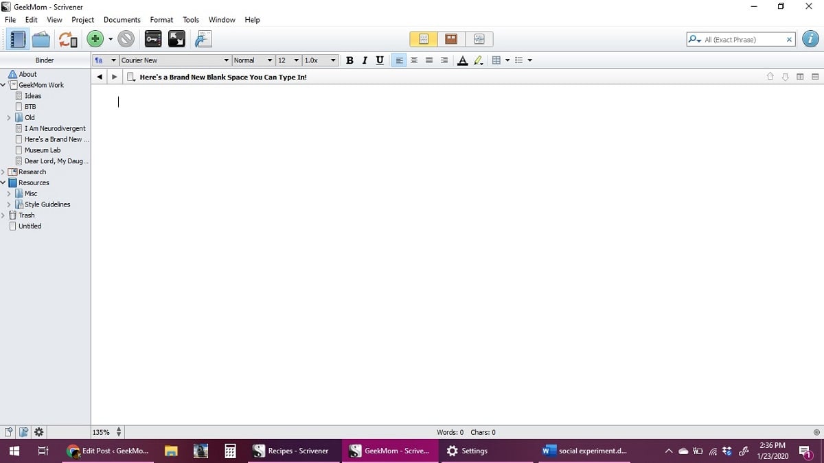 screenshot of a blank Scrivener file labeled "Here is a new blank page for you to write in!"