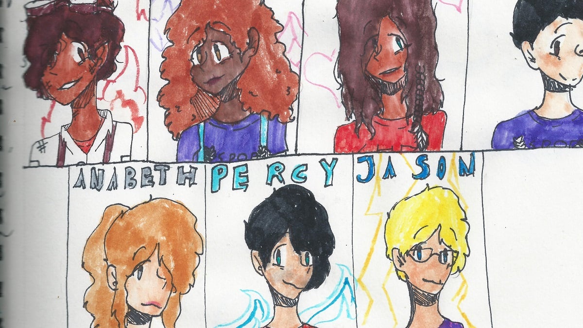 labelled fan drawings of headshots of the seven Heroes of Olympus from Rick Riordan's series of the same name