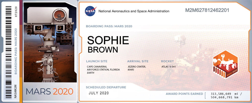 My Mars 2020 Boarding Pass, Image NASA