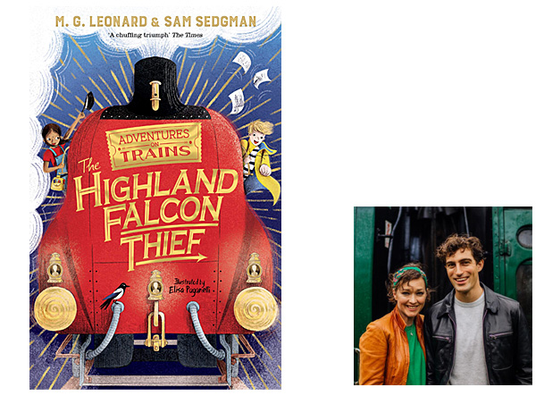 The Highland Falcon Thief, Cover Image Macmillan Children's, Author Image MG Leonard and Sam Sedgman