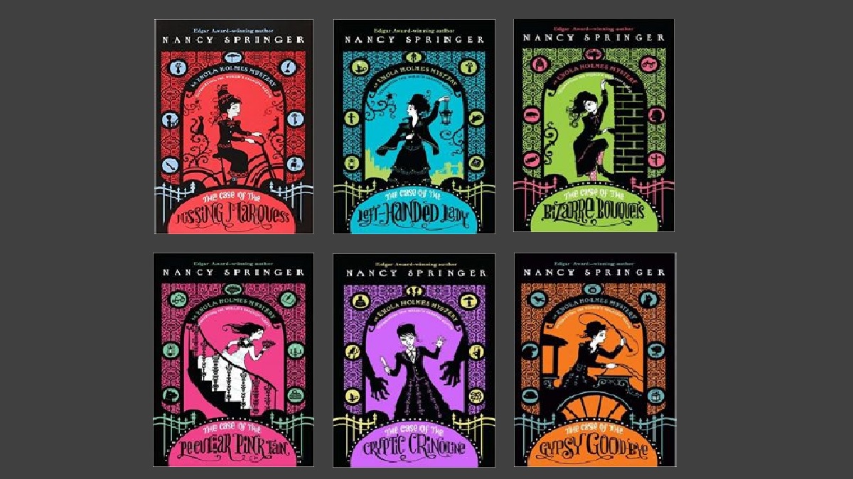 Paperback covers of the Enola Holmes Mysteries by Nancy Springer