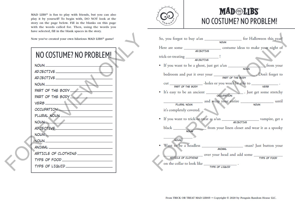 Example Mad Libs Story from the Trick or Treat Story Set, Images Mad Libs