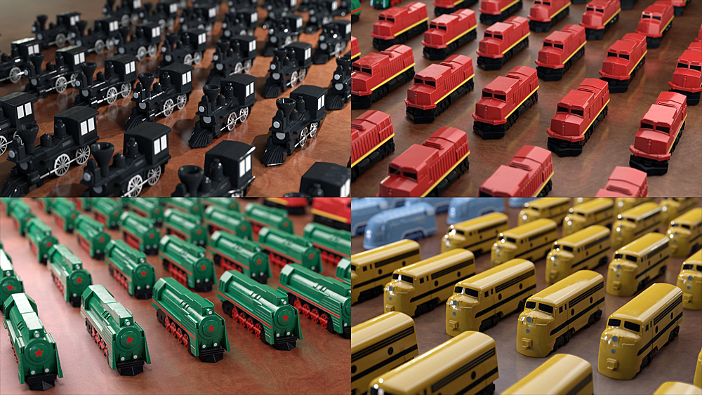 Renders of the Black, Red, Green, and Yellow Train Sets, Images The Little Plastic Train Company
