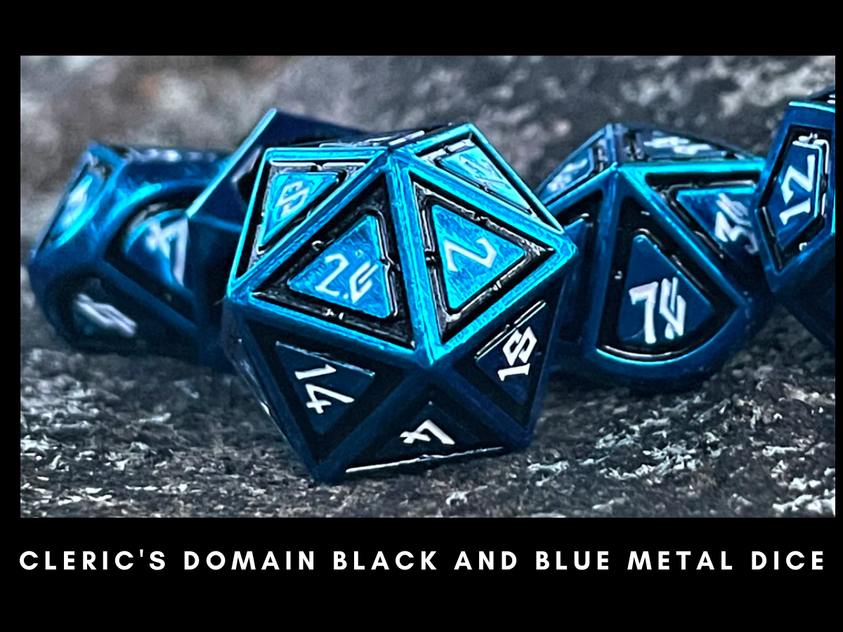 CLERIC'S DOMAIN BLACK AND BLUE METAL DICE \ Image: Misty Mountain Gaming