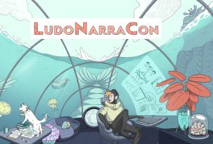 image of LudoNarraCon 2023 title image, with person in submarine underwater with dog looking out large window